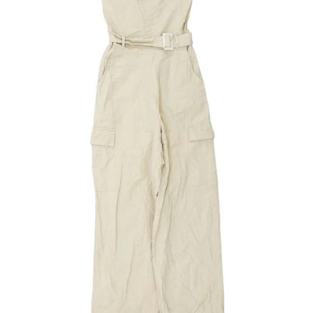 Sim & Sam Linen Strapless Jumpsuit – Natural Beige Belted Wide-Leg Size M